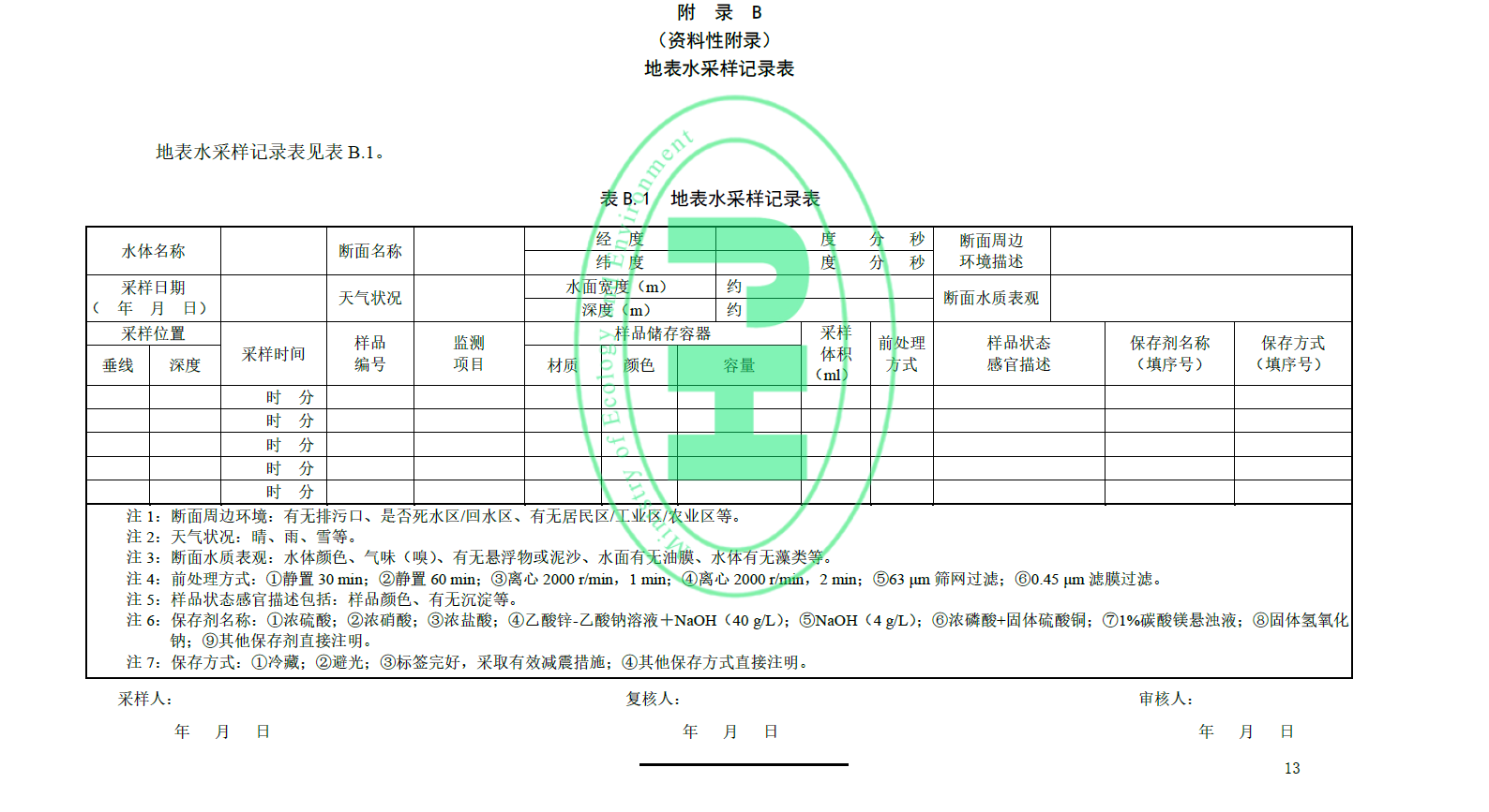 地表水環(huán)境質量技術規(guī)范附錄B