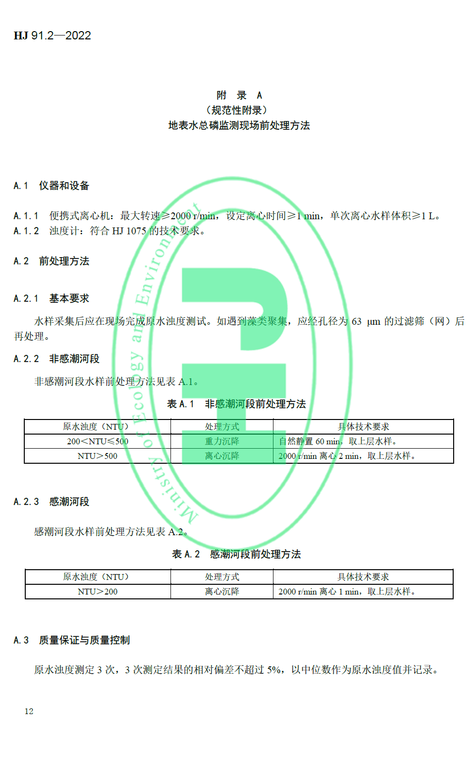 地表水環(huán)境質量技術規(guī)范附錄A